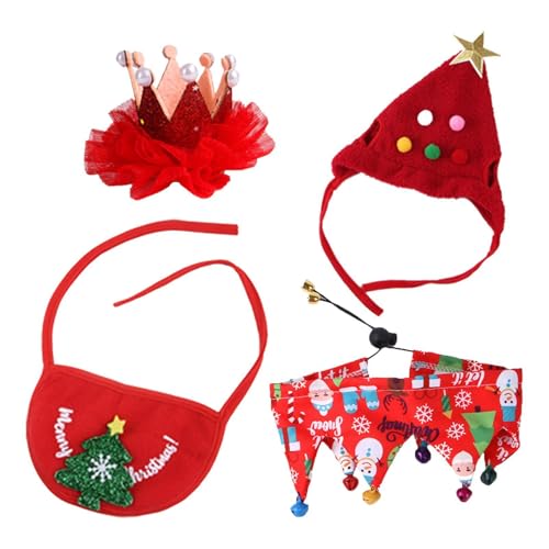 Biniveil Katzen-Weihnachts-Anziehset, Katzenkostüm, Haustierkleidung, Hunde-Outfits, 4 Stück, Weihnachts-Plüsch-Haarspangen, Schal, Lätzchen, Weihnachtsmützen, niedlicher Kostümanzug für lustige von Biniveil