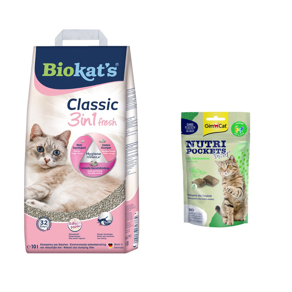 10 l Biokat's Classic 3in1 Katzenstreu + 60 g GimCat Nutri Pockets Insekt & Katzenminze gratis! - Fresh Babypuderduft von BioKat's