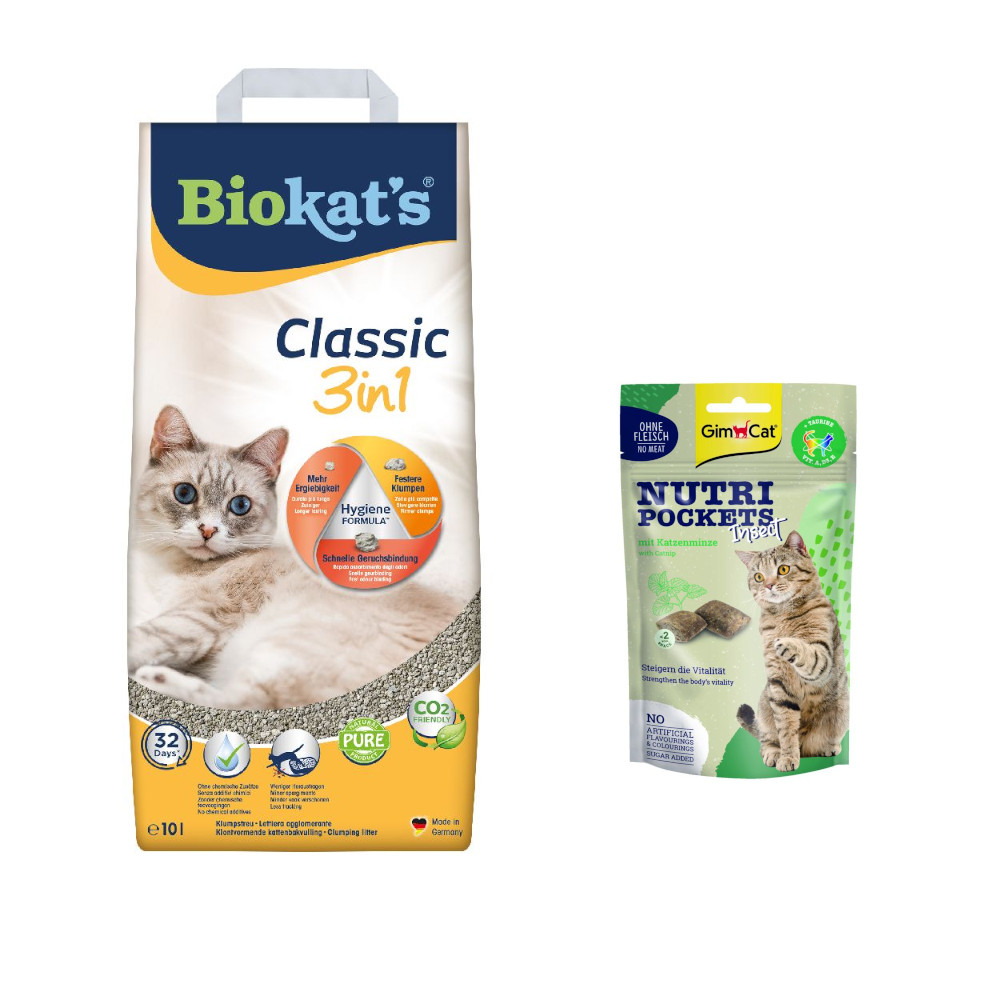 10 l Biokat's Classic 3in1 Katzenstreu + 60 g GimCat Nutri Pockets Insekt & Katzenminze gratis! - Parfümfrei von BioKat's