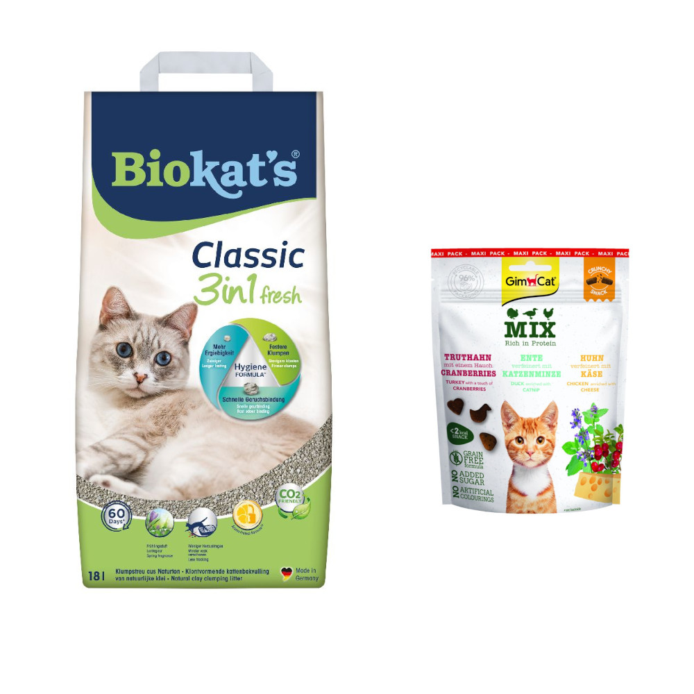 140 g GimCat Crunchy Snacks gratis! 18 liter Biokat's Classic 3 in1 kattenbakvulling - Fresh Lente von BioKat's