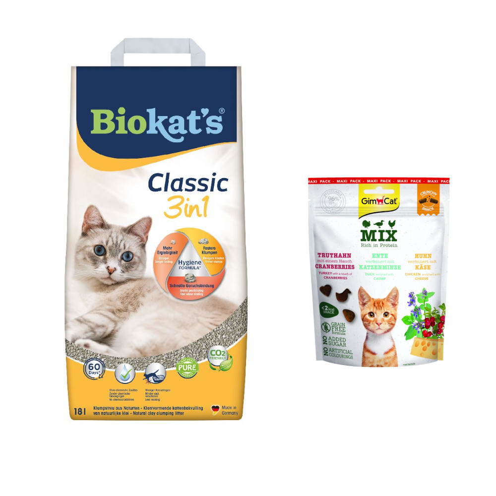 140 g GimCat Crunchy Snacks gratis! 18 liter Biokat's Classic 3 in1 kattenbakvulling - Parfum vrij von BioKat's