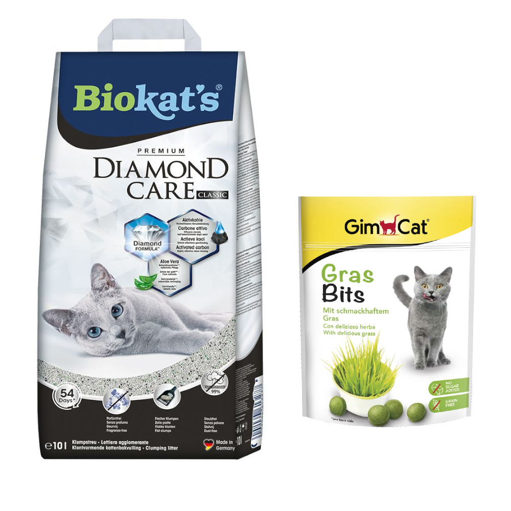 Biokat´s Diamond Care Katzenstreu + 140 g GimCat GrasBits Snack gratis! - 10 l Classic von BioKat's