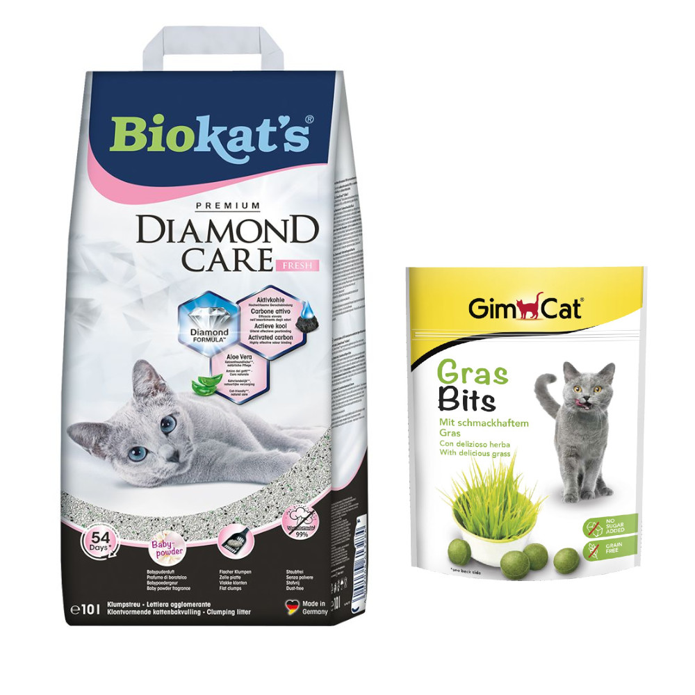 Biokat´s Diamond Care Katzenstreu + 140 g GimCat GrasBits Snack gratis! - 10 l Fresh von BioKat's