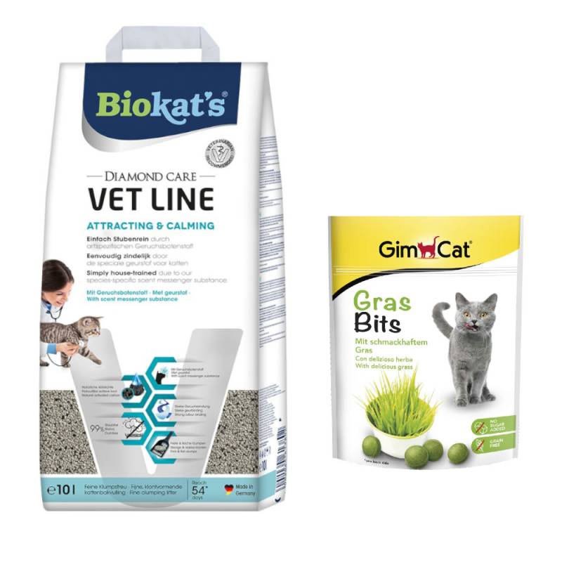 Biokat´s Diamond Care Katzenstreu + 140 g GimCat GrasBits Snack gratis! - 10 l Vet Line Attracting & Calming von BioKat's