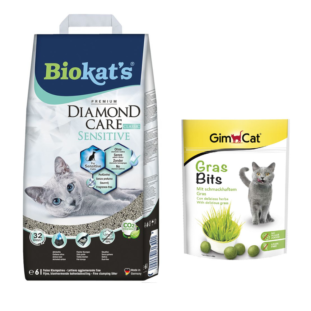 Biokat´s Diamond Care Katzenstreu + 140 g GimCat GrasBits Snack gratis! - 6 l Sensitive Classic von BioKat's