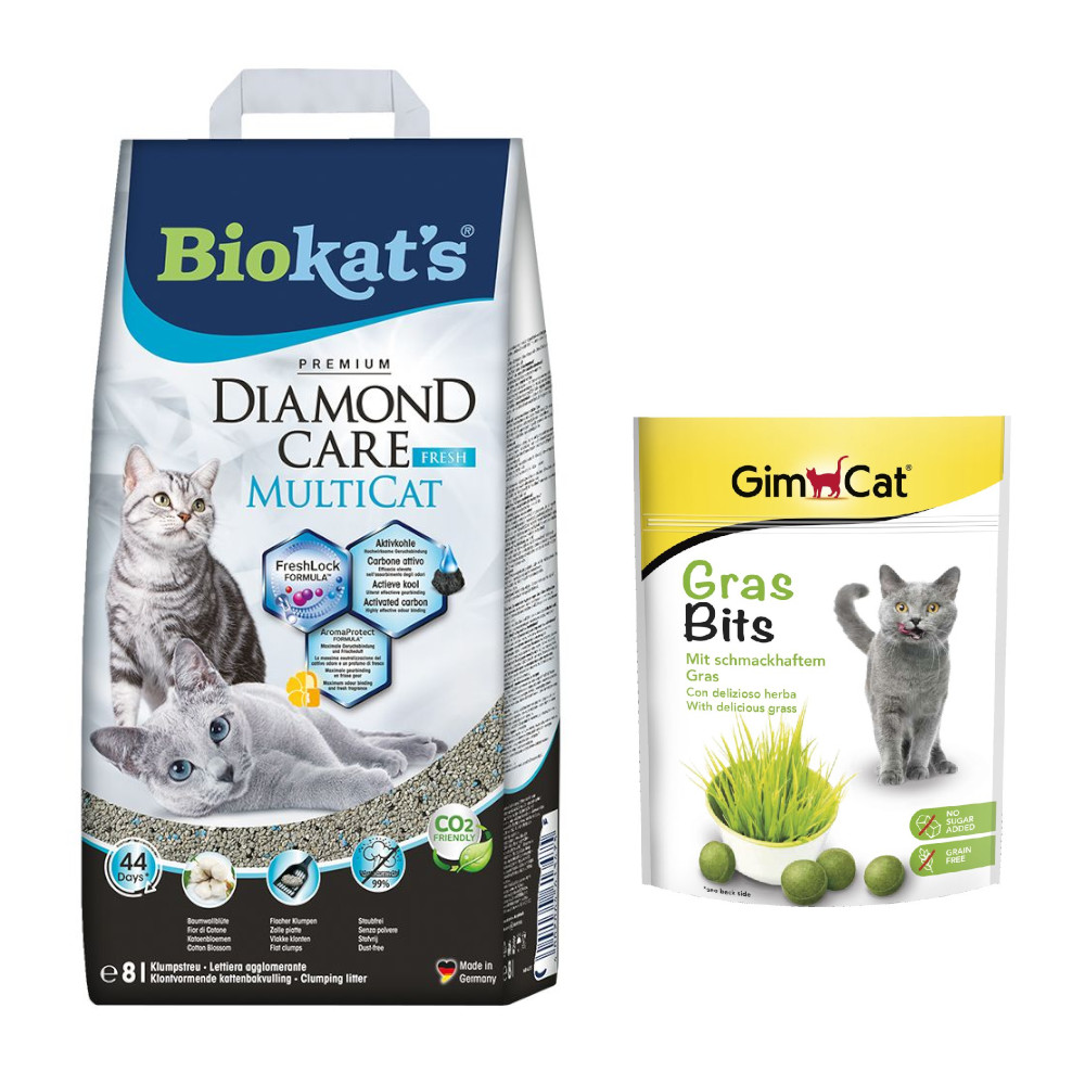 Biokat´s Diamond Care Katzenstreu + 140 g GimCat GrasBits Snack gratis! - 8 l MultiCat Fresh von BioKat's