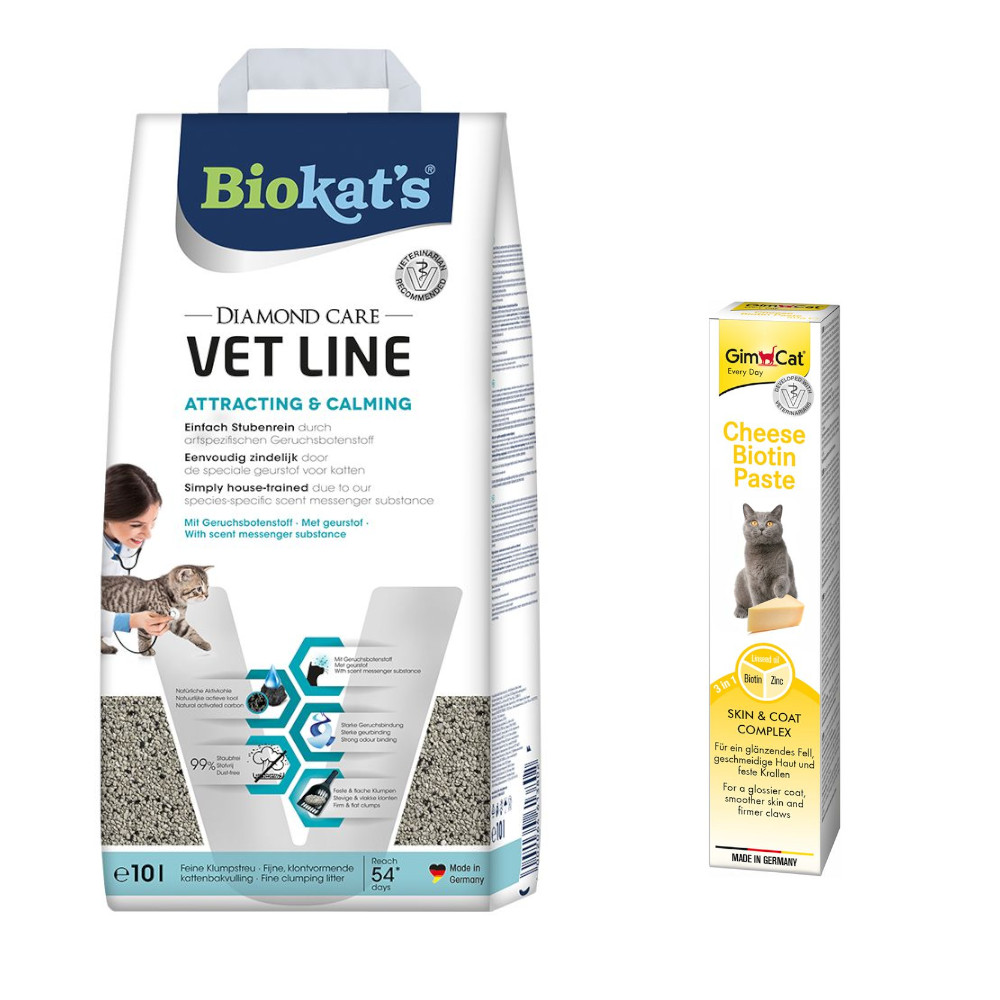 Biokat´s Diamond Care Katzenstreu + 50 g GimCat Cheese Biotin Paste gratis! - 10 l Vet Line Attracting & Calming von BioKat's