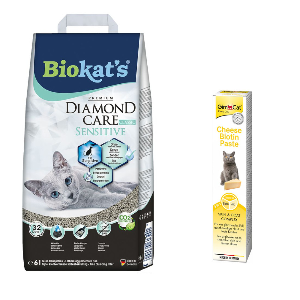 Biokat´s Diamond Care Katzenstreu + 50 g GimCat Cheese Biotin Paste gratis! - 6 l Sensitive Classic von BioKat's