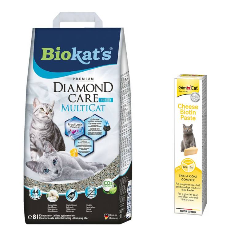 Biokat´s Diamond Care Katzenstreu + 50 g GimCat Cheese Biotin Paste gratis! - 8 l MultiCat Fresh von BioKat's