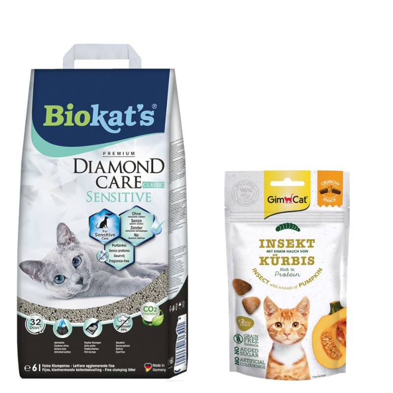 Biokat's Diamond Care Klumpstreu + 50 g GimCat Crunchy Snacks gratis! - Sensitive Classic 6 l von BioKat's