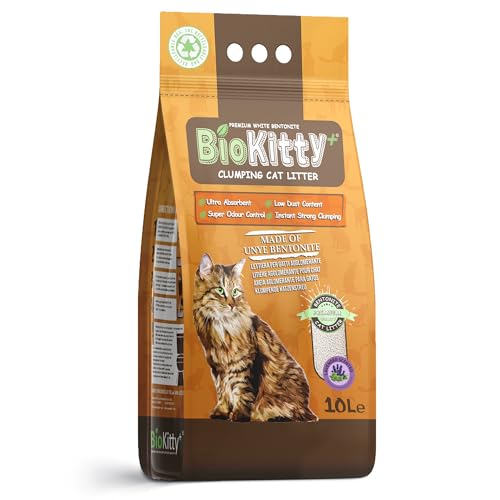 BioKitty Klumpendes Katzenstreu, sehr saugfähiges, natürliches Mineral-Bentonit-Katzenstreu, lang anhaltende Geruchskontrolle, kein Staub, nicht verfolgendes Streu klumpen, 10 l (Lavendel) von BioKitty