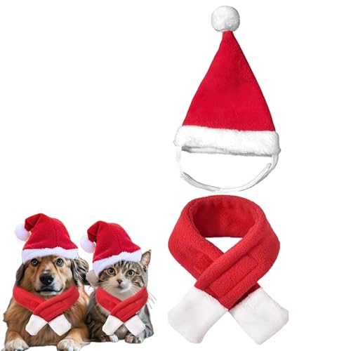 Katzen Hunde Weihnachtskostüm,Haustier Weihnachtsmütze und Schal Kleidung,Weiß Dicker Fellrand Weihnachtskostüm,Lustig Deko Weihnachts Outfit Geschenk,für Klein Hund Katze Weihnachts Outfit Geschenk von Bipl