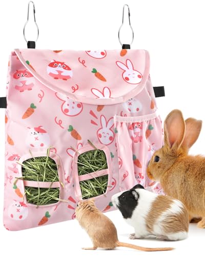 Bissap Kaninchen Heu Futtertasche 2 Löcher Hängende Heu Feeder Meerschweinchen Heu Tasche mit Seitentasche für Kaninchen, Häschen, Chinchillas, Hamster, Ratten und andere kleine Haustiere Kleintiere - von Bissap