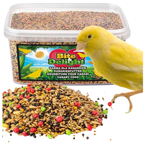 Bite & Delight 0,7kg Kanarienfutter mit Vitaminen und Mineralien Kanarienvogel Futter Kleine Vögel Zebrafinken Stieglitz 700g Mehrzweckbehälter von Bite & Delight