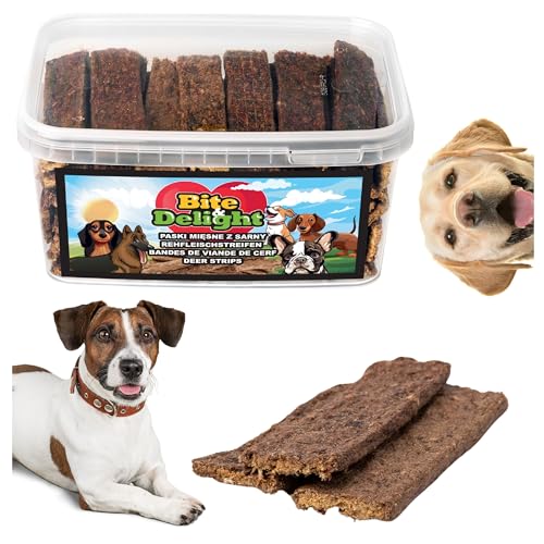 Bite & Delight 1,1kg Hirschfleischstreifen hundeleckerlis Getreidefrei Hundesnack Fleischstreifen Natürliche Hunde Leckerli Kaustreifen Trainingsleckerli Chewies Dog Snacks Rehfleischstreifen von Bite & Delight