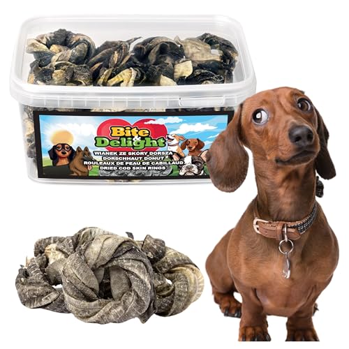 Bite & Delight 1,5kg Getrocknete Dorschhaut Donut Hundesnack Natürlicher Intensiver Geschmack Ring Snack Trockenfisch für Hunde von Bite & Delight