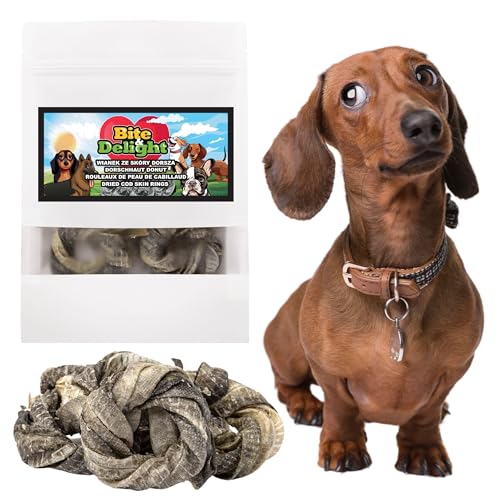 Bite & Delight 100g Getrocknete Dorschhaut Donut Hundesnack Natürlicher Intensiver Geschmack Ring Snack Trockenfisch für Hunde von Bite & Delight