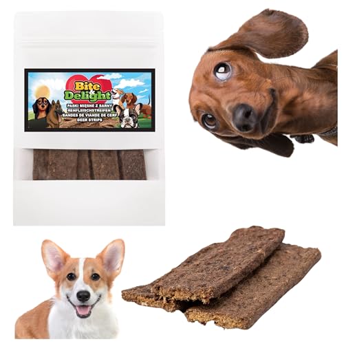 Bite & Delight 100g Hirschfleischstreifen hundeleckerlis Getreidefrei Hundesnack Fleischstreifen Natürliche Hunde Leckerli Kaustreifen Trainingsleckerli Chewies Dog Snacks von Bite & Delight