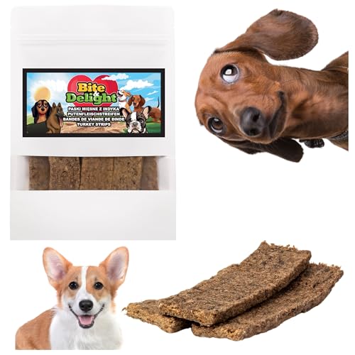 Bite & Delight 100g Putenfleischstreifen für Hunde Natürlicher Kausnack Getrocknete Putenstreifen Leicht Verdaulicher Snack Zahnpflege Belohnung von Bite & Delight