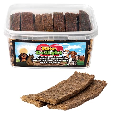 Bite & Delight 400g Wildschwein Trockenfleisch für Hunde Natur-Leckerli Fleischstreifen 100% Natürlich Getreidefrei Ohne Zusatzstoffe Belohnung von Bite & Delight