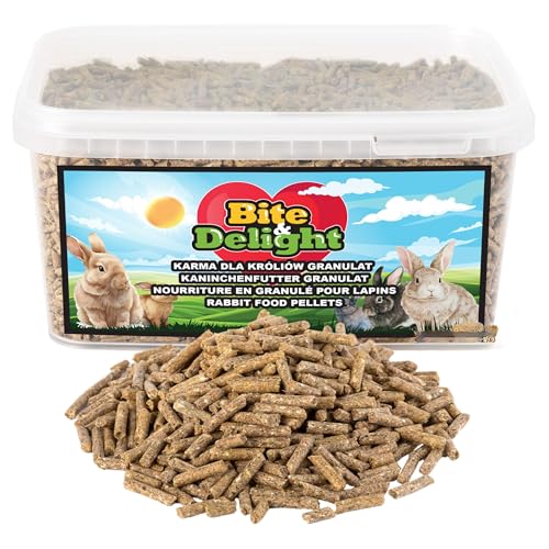 Bite & Delight Kaninchenfutterpellets - Alleinfuttermittel für Hasen, Kaninchen und Zwergkaninchen - Komplettfutter ohne Zuckerzusatz - Universelles Futter mit Mineralstoffen, Vitaminen, 1000ml - 600g von Bite & Delight