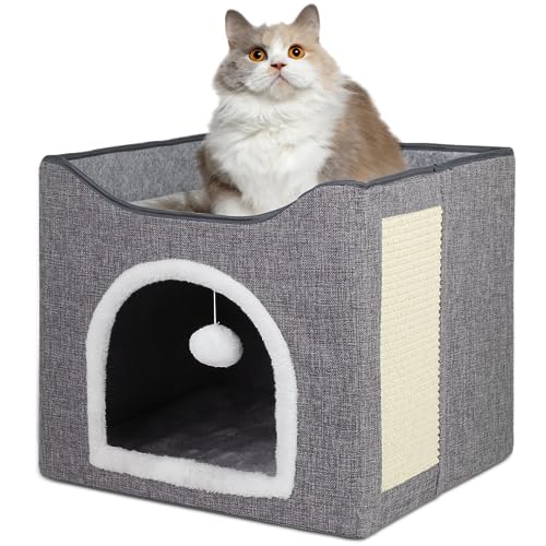 Biubiucat Katzenbett für Indoor-Katzen, faltbares Haustier-Katzenhaus mit 2 abnehmbaren Plüschkissen, quadratische Katzenhöhle mit Kratzbrett und flauschigem Ball, Indoor-Katzenhöhle zum Verstecken, von Biubiucat