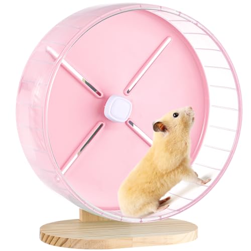 Hamsterrad, 10,2 Zoll lautloses Hamster-Trainings-Laufrad mit Ständer, Chinchilla-Übungsrad mit Holzsockel, verstellbarer leiser Spinner für Meerschweinchen, Zuckergleiter, Rennmäuse (Rosa) von Biubiucat