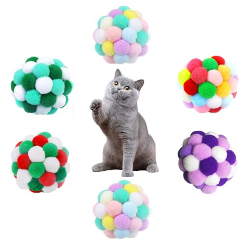 BizoeRade 6 Stück Katzenspielzeug Kugel mit glöckchen, bälle Plüsch für Interaktion mit Katze, Kätzchenspielzeug Spielen Dekompression Bewegung (6 Farben) von BizoeRade