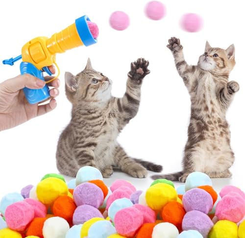 BizoeRade Katzenspielzeug Ball mit Plüschballwerfer,Stretch-Plüschball-Spielzeug,Plüschbälle,Plush Ball Interactive Cat Toy,Spielzeug für Indoor Haustier Katzen Hunde (50 Bälle) von BizoeRade