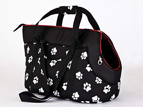 Hundetragetasche – Hundetransporttasche für kleine Hunde und Katzen bis 3 kg - praktische Transporttasche - Hundetasche - 20 x 42 x 22 cm - Schwarz mit Pfoten von Bjird