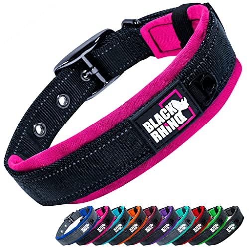 Black Rhino - Das Comfort Halsband Super Weiches Neopren Gepostertes Hundehalsband für alle Hunderassen - Hochbeanspruchbar Verstellbar Reflektierend Wetterfest (XL, Rosa/Schwarz) von Black Rhino