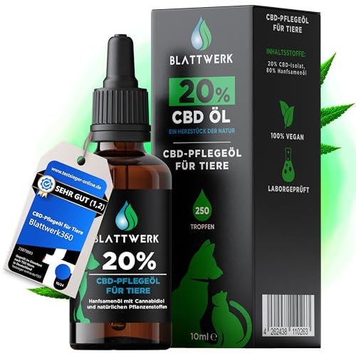 20% CBD Öl für Hunde & Katzen - FÜR GROß & KLEIN - Hanföl für Hunde & Katzen - Deutsche Qualitätsmarke - Cannabis Öl - CBD Öl Hund 20 Prozent - 10ml - 250 CBD Tropfen - BLATTWERK von Blattwerk360