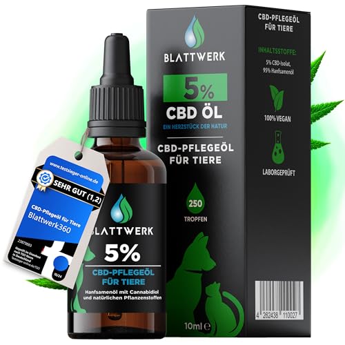 Blattwerk360 5% CBD Öl für Hunde & Katzen - FÜR GROß & KLEIN - Hanföl für Hunde & Katzen - Deutsche Qualitätsmarke - Cannabis Öl - CBD Öl Hund 5 Prozent - 10ml - 250 CBD Tropfen - BLATTWERK von Blattwerk360