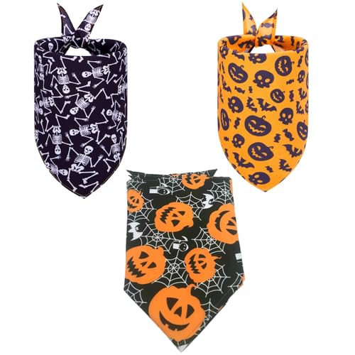 3 Stück Bandana für Hund,Halloween Kopftücher,Hundehalstücher,Dreieckstuch,Halstuch Hund,Triangle Bibs Tuch,für Kleine,Mittelgroße und Große Hunde,Kürbisskelett-Kürbisschädel,L 65x43x43cm von Blausky