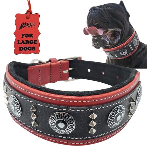 Blazing Paws Armington Hundehalsband, breit, 5,1 cm, luxuriöses, dickes Leder, Western-Hundehalsband für große Hunde, weiches Wildleder, gepolstert, mit Schild, Conchos und quadratischen Nieten, Größe von BlazingPaws