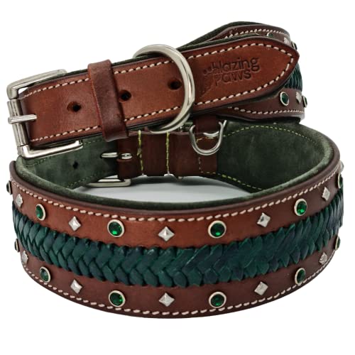 BlazingPaws Mariner 5,1 cm breites Luxus-Leder-Hundehalsband für große Hunde, Kristallnieten-Design mit weicher Wildlederpolsterung (XL: Halsumfang 50,8–58,4 cm, Braun) von BlazingPaws