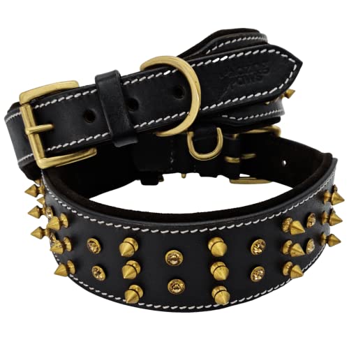 BlazingPaws Sabrington 5,1 cm breites Luxus Spike Leder Hundehalsband für große Hunde, mit Schraubspikes aus hochwertigem schwarzem Zaumleder mit weicher Wildlederpolsterung (Halsgröße: 1518 Zoll, von BlazingPaws