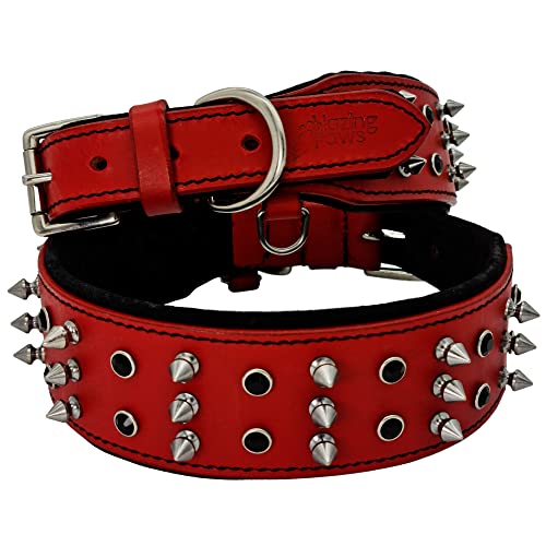 BlazingPaws Sabrington Hundehalsband, 5,1 cm breit, für große Hunde, dickes Premium-Leder, weiche Wildleder-Polsterung, Spikes und schwarzen Kristallnieten, Halsumfang: 38,1 - 45,7 cm, Rot von BlazingPaws