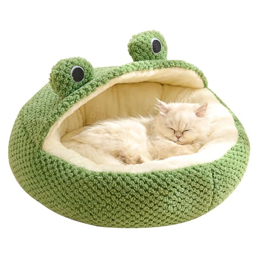 Blogiiup Froschkatzenbett, langes Plüsch-Hundekatze Bett, Winter Wärme Nicht-Rutsch-Haustierbett mit abnehmbarem Einsatz, weiches Dampproof-Katzenbett für Kitty Puppy (rund mit halben Dach) von Blogiiup