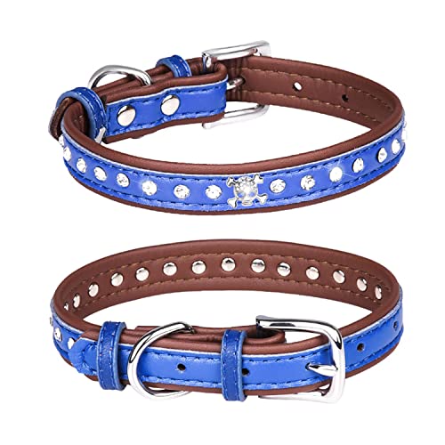 1 x Hundehalsband mit Totenkopf-Strasssteinen, mit glitzernden Kristalldiamanten, PU-Leder, 5,1 cm breit, schönes glitzerndes Haustier-Aussehen für kleine und mittelgroße Hunde, braun-blau (XS: von Blue Dream Island