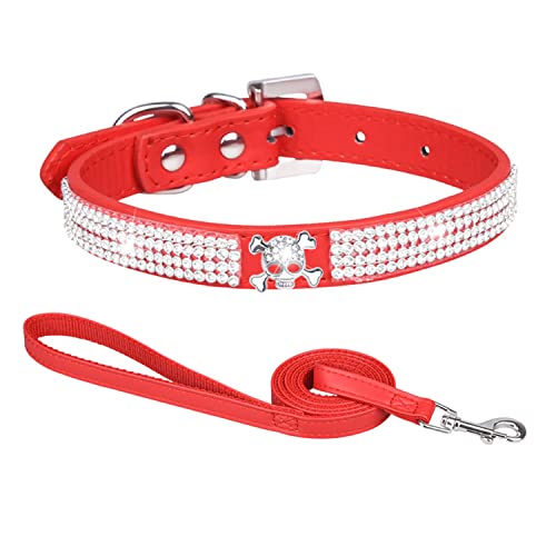 1 x Hundehalsband mit Totenkopf-Strasssteinen, mit glitzernden Kristalldiamanten, PU-Leder, 5,1 cm breit, schönes glitzerndes Haustier-Aussehen für kleine und mittelgroße Hunde, rot (XS: verstellbarer Halsumfang von 20,3 cm bis 25,4 cm) von Blue Dream Island