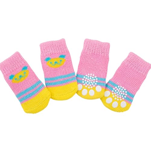 4 x Hundesocken, niedliche rutschfeste Haustierbodensocken, Stricksocken, Katzen- und Hundepfotenschutz, Abdeckung für drinnen und draußen, heißer Gehweg, Hartholzbodenschutz, Größe S (rosa Bär) von Blue Dream Island