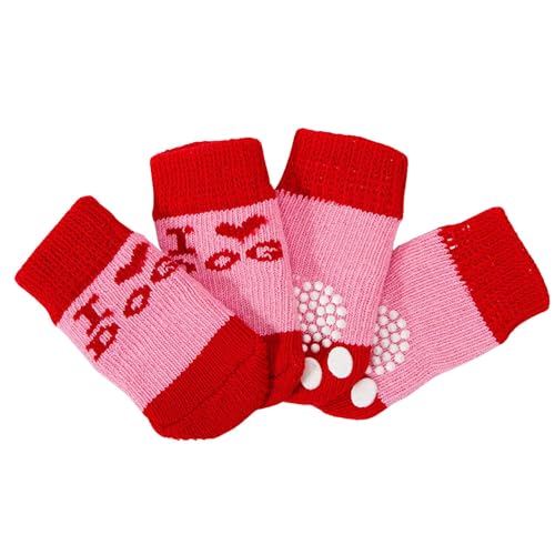 4 x Hundesocken, niedliche rutschfeste Haustierbodensocken, Stricksocken, Katzen- und Hundepfotenschutz, für drinnen und draußen, Hot Pavement, Hartholzbodenschutz, Größe L (Pink Love) von Blue Dream Island