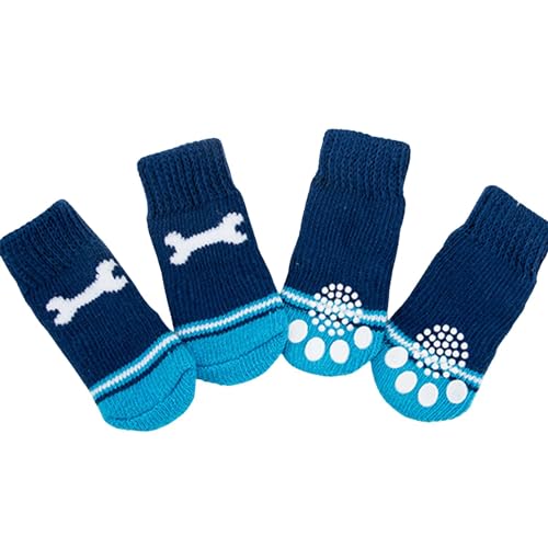 4 x Hundesocken, niedliche rutschfeste Haustierbodensocken, Stricksocken, Katzen- und Hundepfotenschutz, für drinnen und draußen, Hot Pavement, Hartholzbodenschutz, Größe L (blaue Knochen) von Blue Dream Island