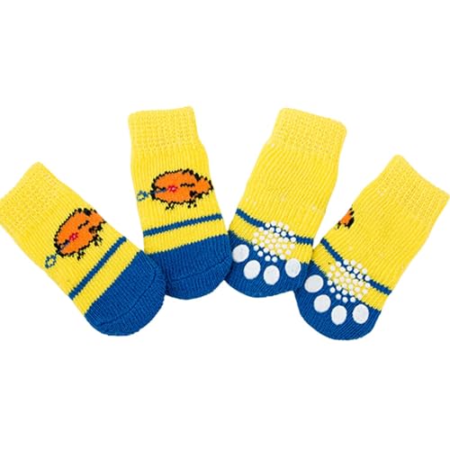 4 x Hundesocken, niedliche rutschfeste Haustierbodensocken, Stricksocken, Katzen- und Hundepfotenschutz, für drinnen und draußen, Hot Pavement, Hartholzbodenschutz, Größe L (gelbes Huhn) von Blue Dream Island