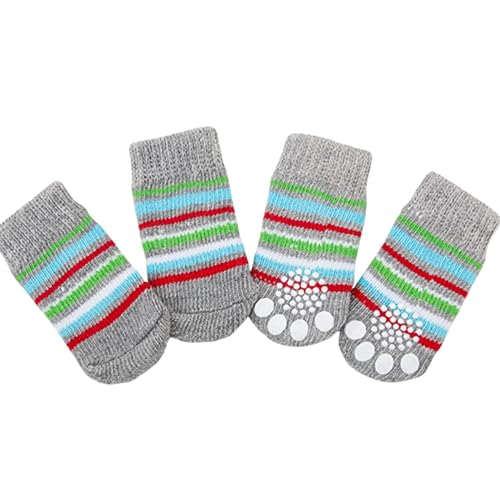 4 x Hundesocken, niedliche rutschfeste Haustierbodensocken, Stricksocken, Katzen- und Hundepfotenschutz, für drinnen und draußen, Hot Pavement, Hartholzbodenschutz, Größe L (graue Streifen) von Blue Dream Island