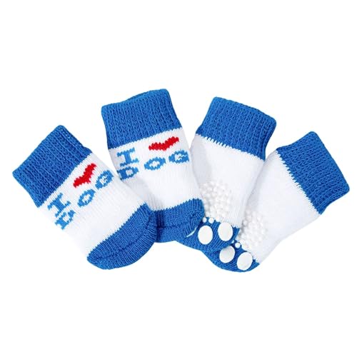 4 x Hundesocken, niedliche rutschfeste Haustierbodensocken, Stricksocken, Katzen- und Hundepfotenschutz, für drinnen und draußen, Hot Pavement, Hartholzbodenschutz, Größe M (Blue Love) von Blue Dream Island