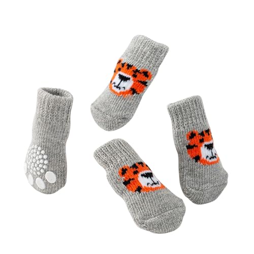 4 x Hundesocken, niedliche rutschfeste Haustierbodensocken, Stricksocken, Katzen- und Hundepfotenschutz, für drinnen und draußen, Hot Pavement, Hartholzbodenschutz, Größe M (grauer Tiger) von Blue Dream Island