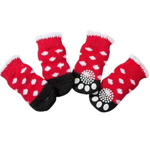 4 x Hundesocken, niedliche rutschfeste Haustierbodensocken, Stricksocken, Katzen- und Hundepfotenschutz, für drinnen und draußen, Hot Pavement, Hartholzbodenschutz, Größe M (rote, weiße Punkte) von Blue Dream Island