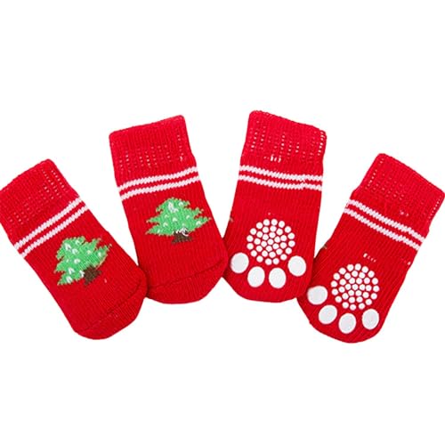 4 x Hundesocken, niedliche rutschfeste Haustierbodensocken, Stricksocken, Katzen- und Hundepfotenschutz, für drinnen und draußen, Hot Pavement, Hartholzbodenschutz, Größe M (roter Baum) von Blue Dream Island